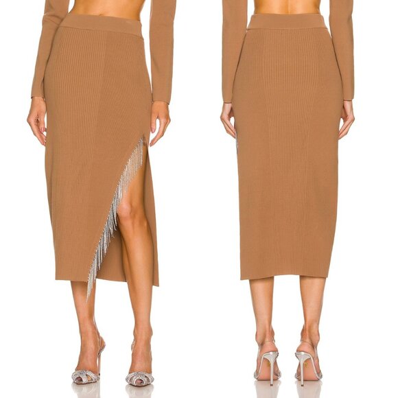 NWT Nicholas Mariana Midi Skirt In Nude Rib Knit Asymmetrical Crystal Fringe XS - Picture 2 of 10